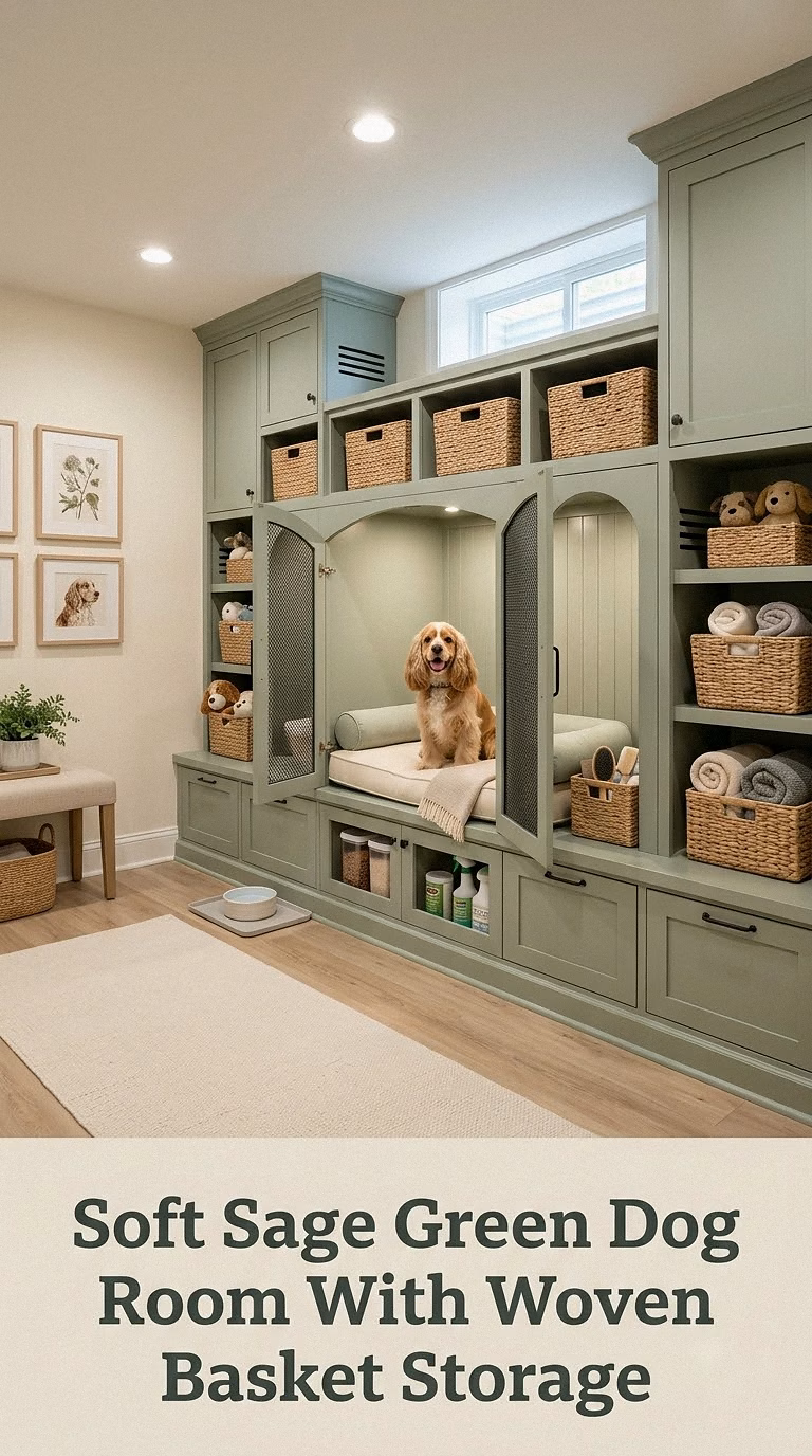 Soft Sage Green Dog Room With Woven Basket Storage