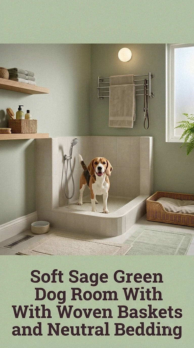Soft Sage Green Dog Room With Woven Baskets and Neutral Bedding