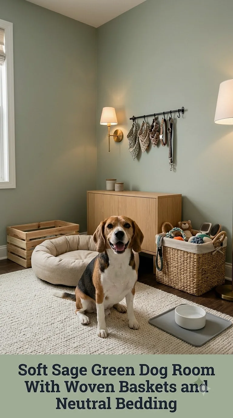 Soft Sage Green Dog Room With Woven Baskets and Neutral Bedding