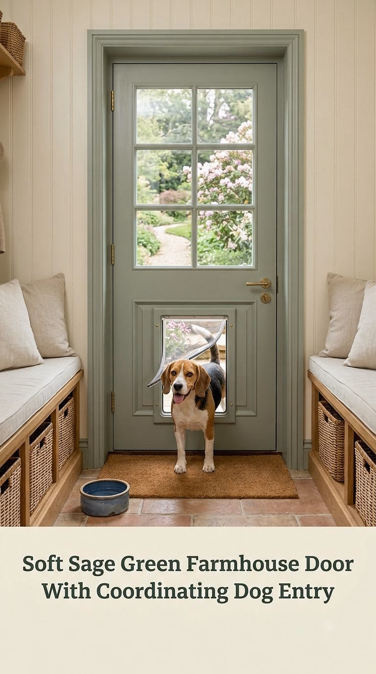 Soft Sage Green Farmhouse Door With Coordinating Dog Entry