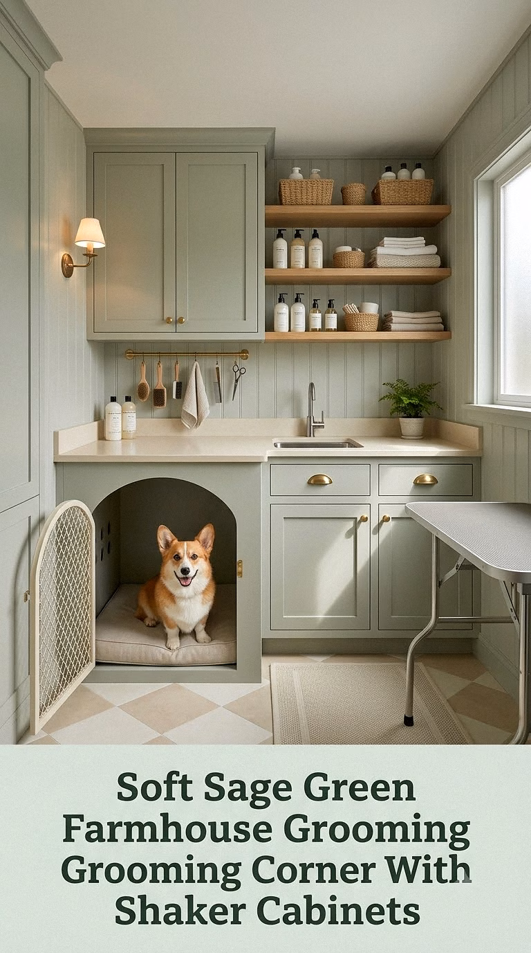 Soft Sage Green Farmhouse Grooming Corner With Shaker Cabinets
