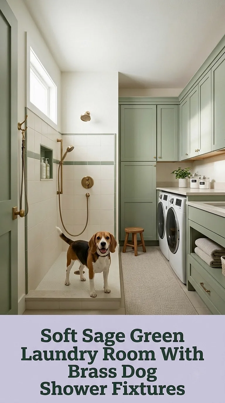 Soft Sage Green Laundry Room With Brass Dog Shower Fixtures