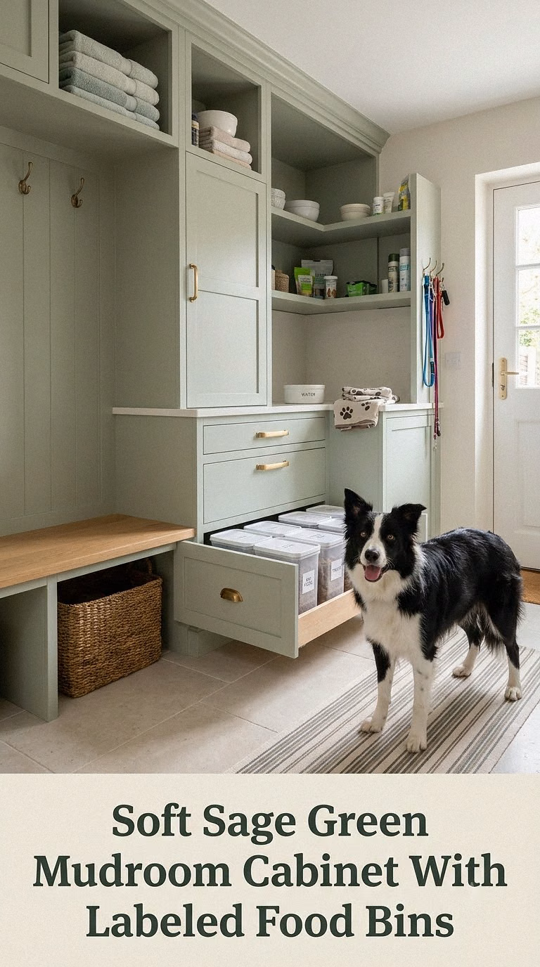 Soft Sage Green Mudroom Cabinet With Labeled Food Bins
