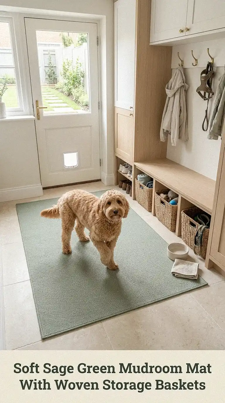 Soft Sage Green Mudroom Mat With Woven Storage Baskets