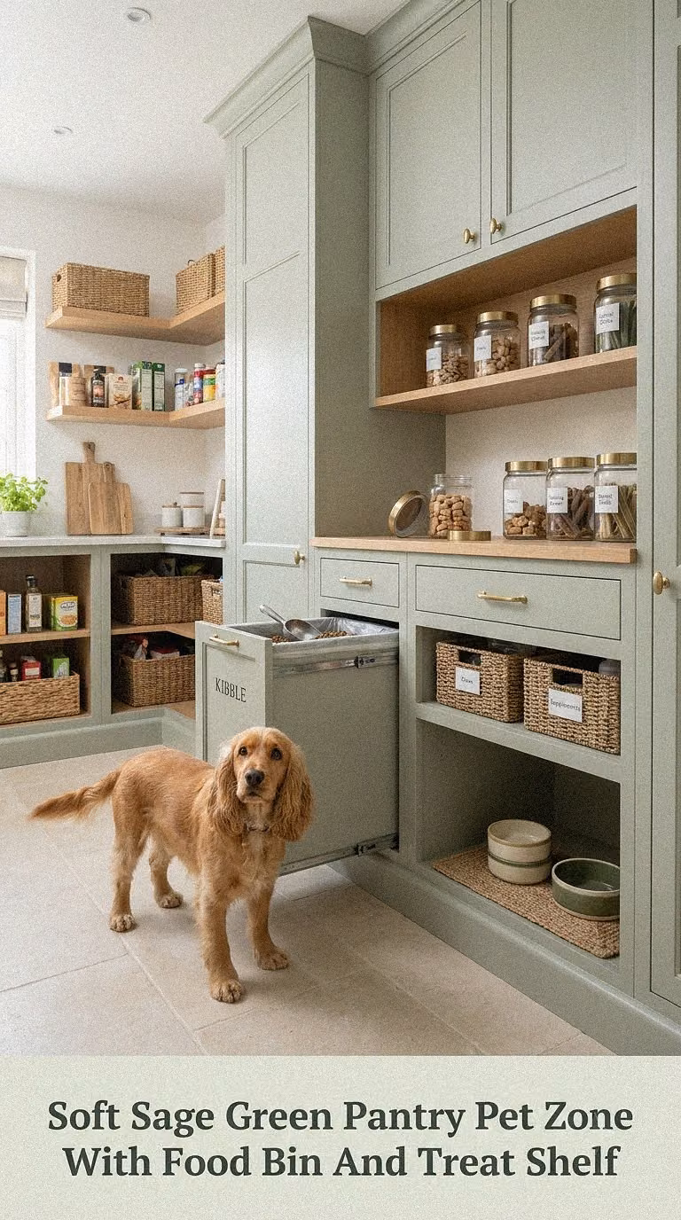 Soft Sage Green Pantry Pet Zone With Food Bin And Treat Shelf