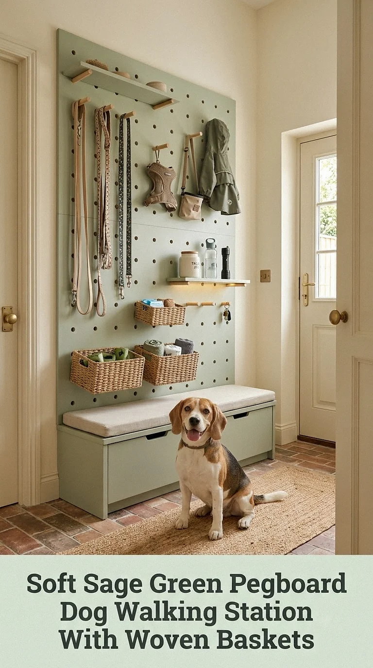 Soft Sage Green Pegboard Dog Walking Station With Woven Baskets