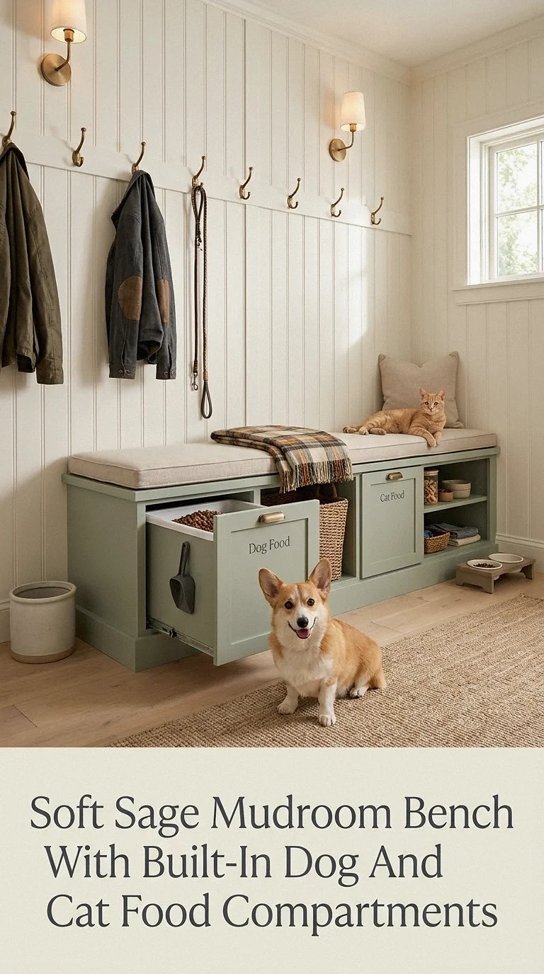 Soft Sage Mudroom Bench With Built-In Dog And Cat Food Compartments