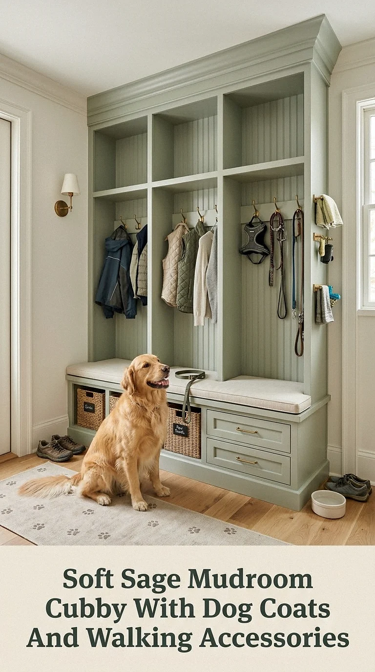 Soft Sage Mudroom Cubby With Dog Coats And Walking Accessories