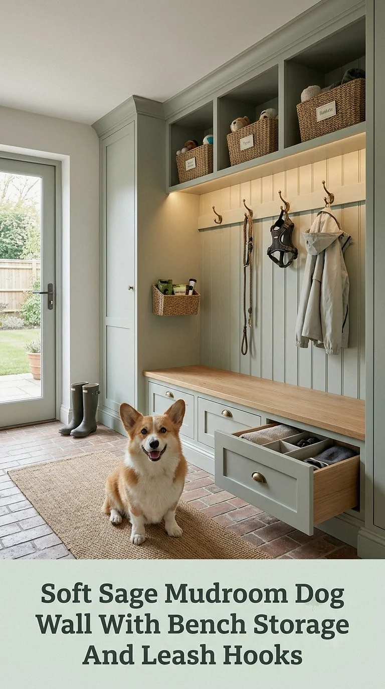 Soft Sage Mudroom Dog Wall With Bench Storage And Leash Hooks