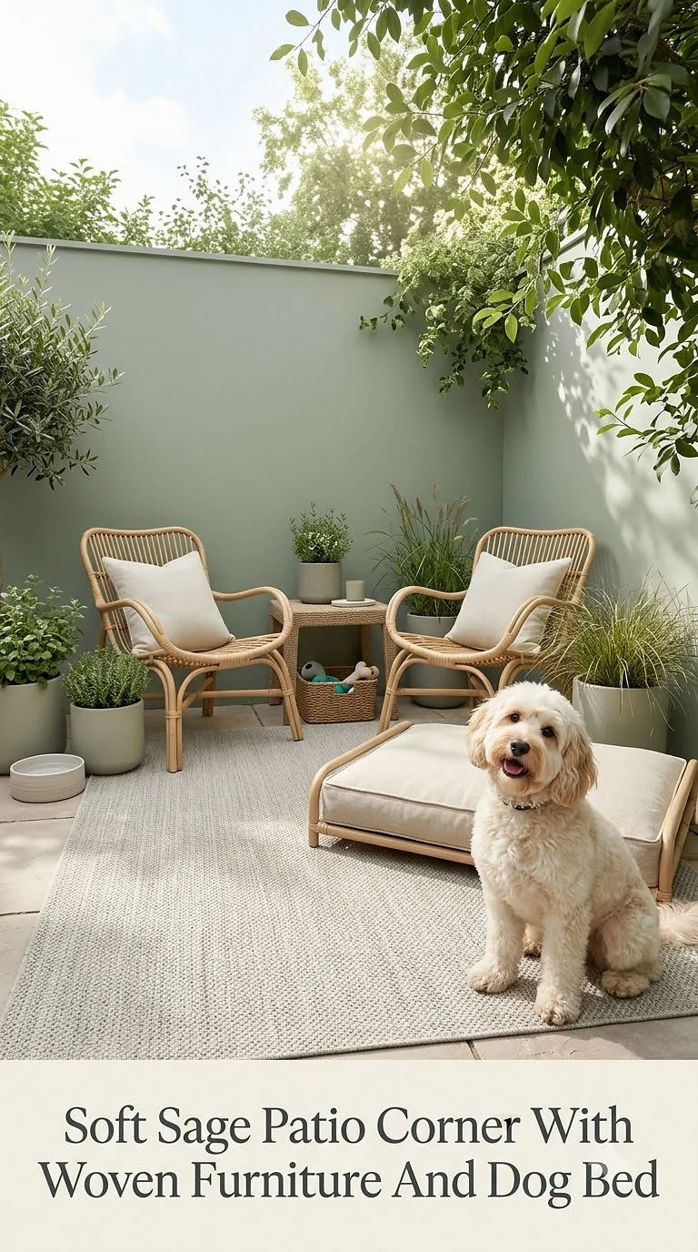 Soft Sage Patio Corner With Woven Furniture And Dog Bed