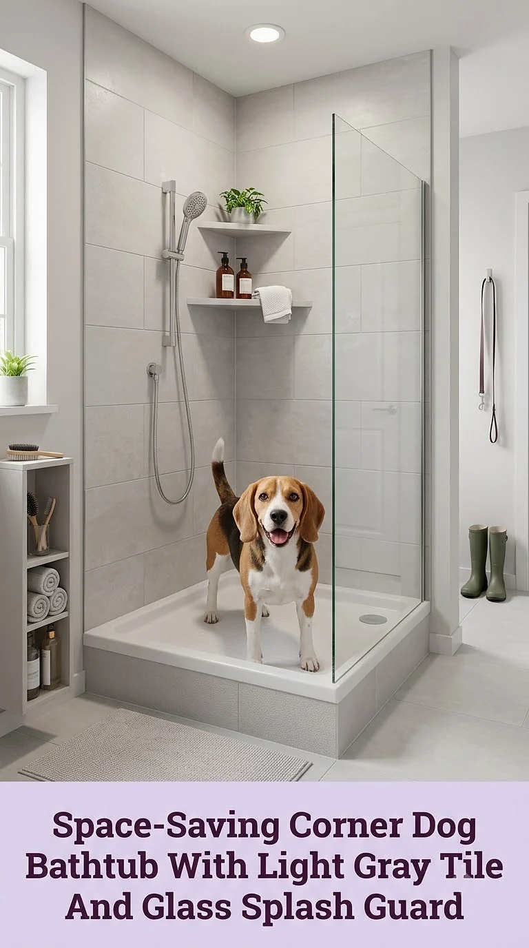 Space-Saving Corner Dog Bathtub With Light Gray Tile And Glass Splash Guard