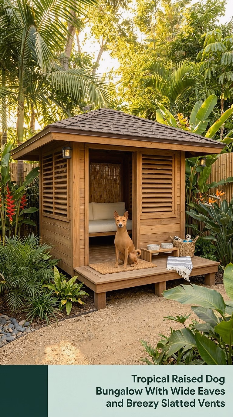 Tropical Raised Dog Bungalow With Wide Eaves and Breezy Slatted Vents