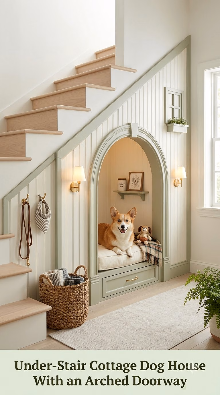 3. Under-Stair Cottage Dog House With an Arched Doorway