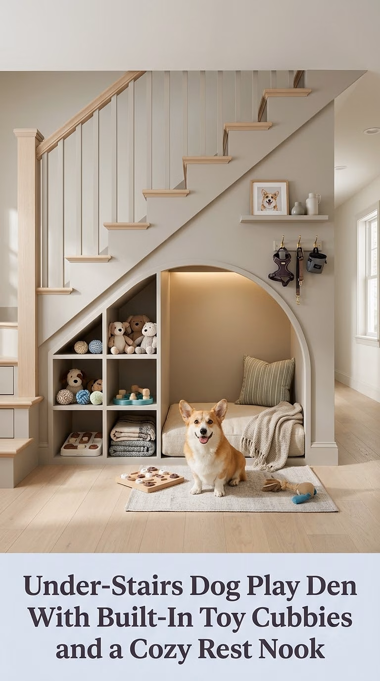3. Under-Stairs Dog Play Den With Built-In Toy Cubbies and a Cozy Rest Nook