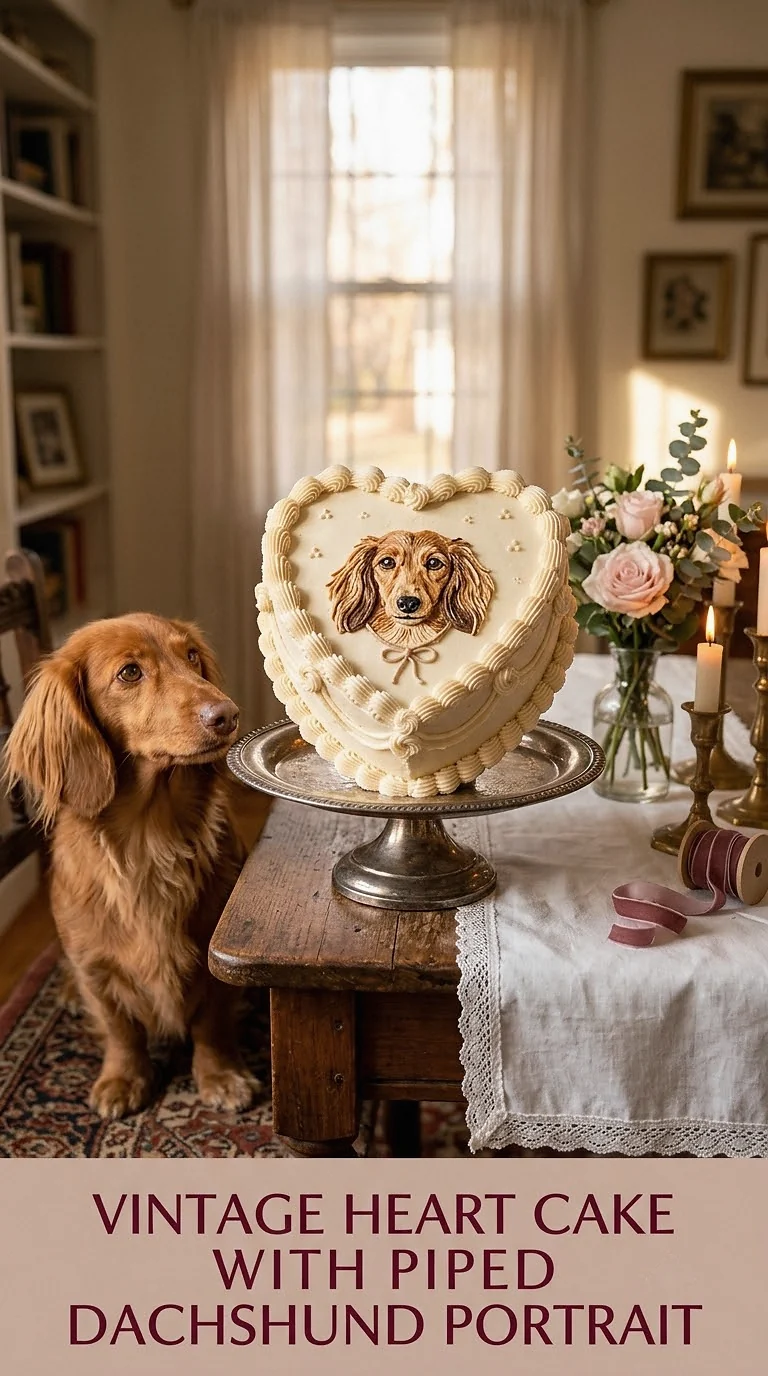 Vintage Heart Cake With Piped Dachshund Portrait