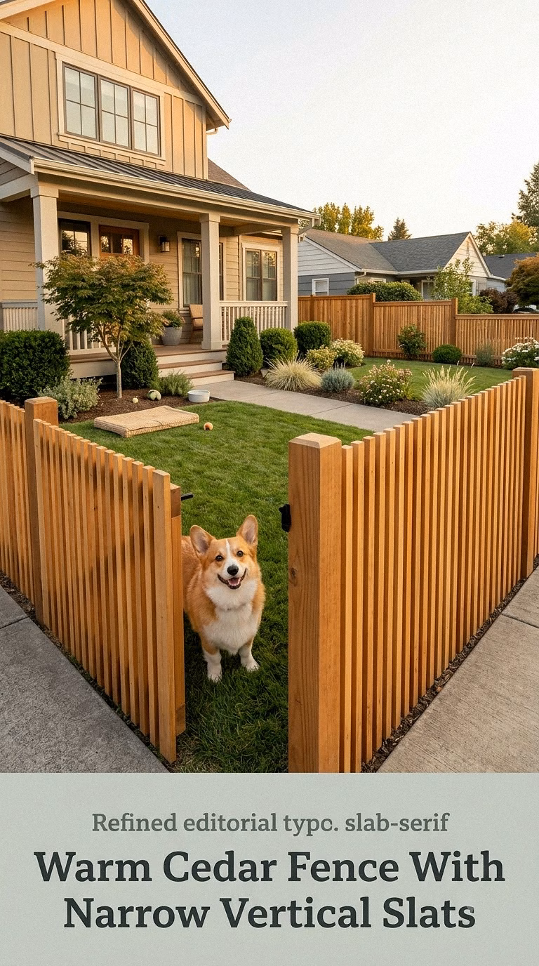 Warm Cedar Fence With Narrow Vertical Slats
