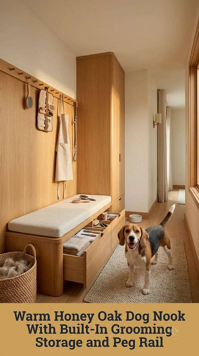 Warm Honey Oak Dog Nook With Built-In Grooming Storage and Peg Rail