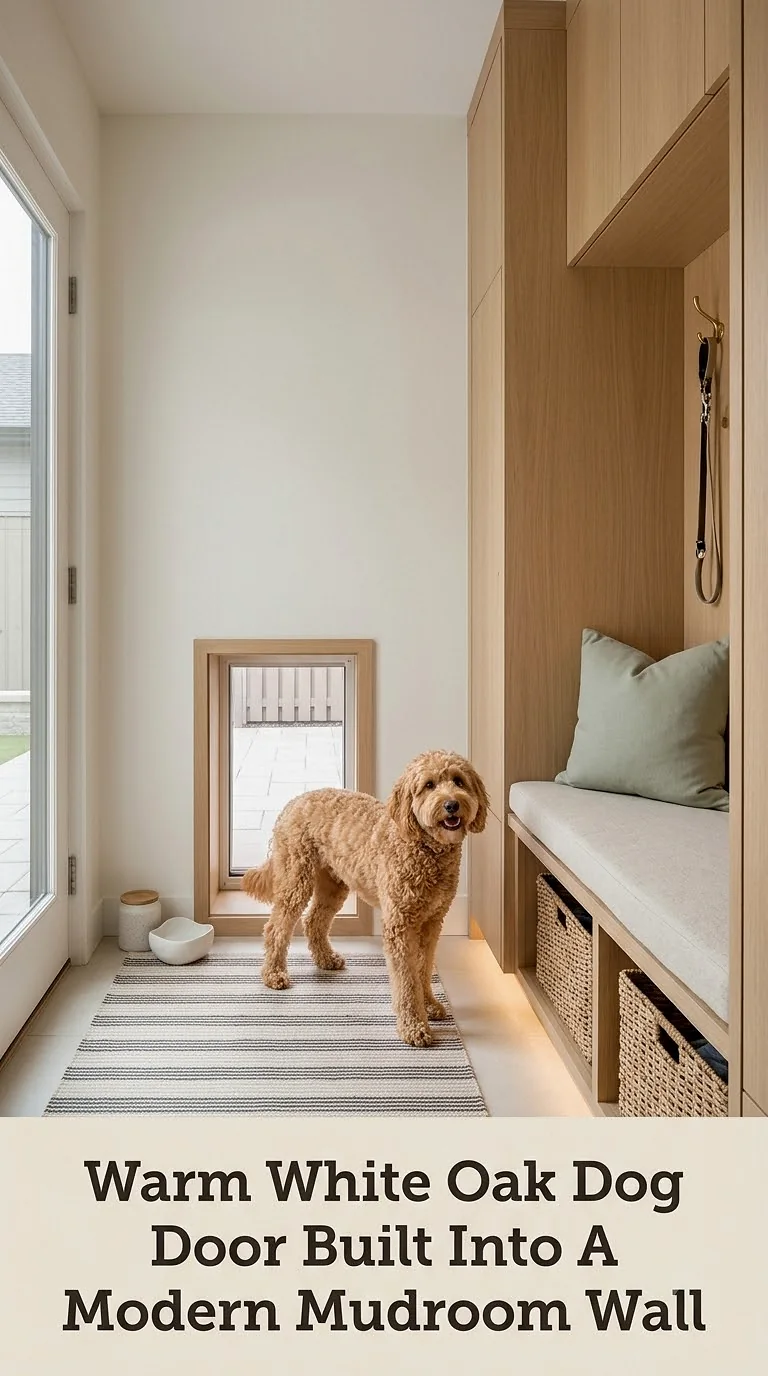 Warm White Oak Dog Door Built Into A Modern Mudroom Wall