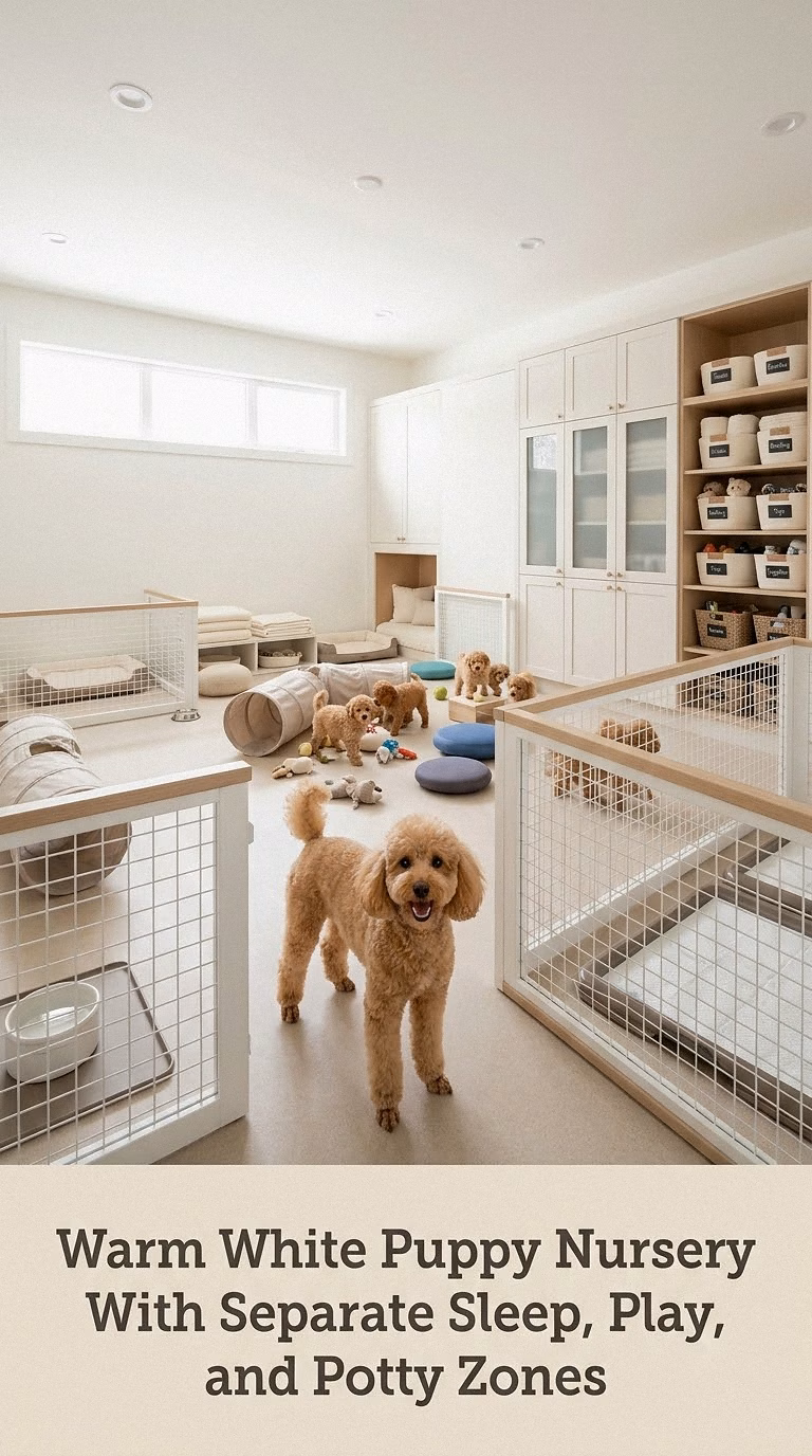 Warm White Puppy Nursery With Separate Sleep, Play, and Potty Zones