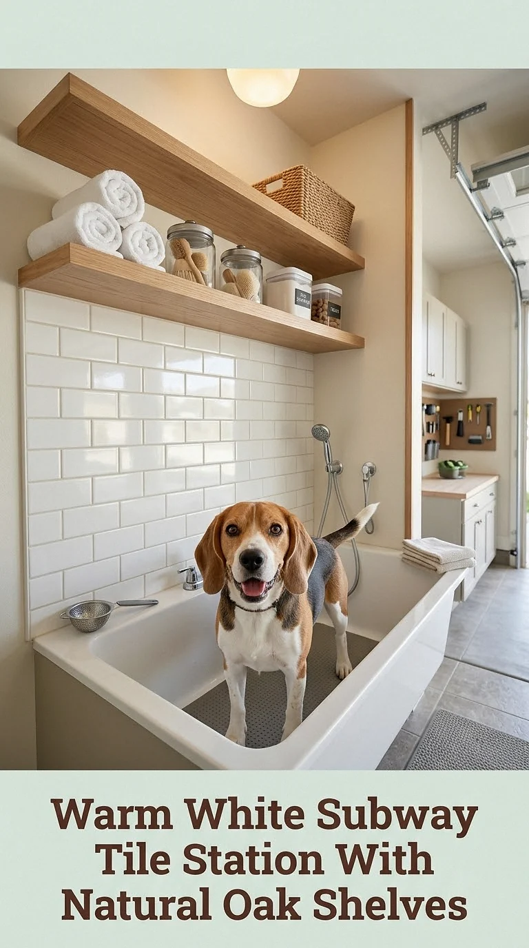 Warm White Subway Tile Station With Natural Oak Shelves