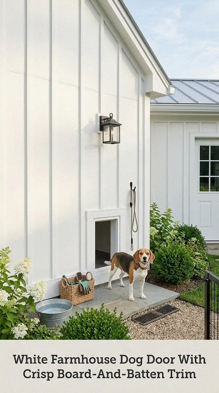 White Farmhouse Dog Door With Crisp Board-And-Batten Trim