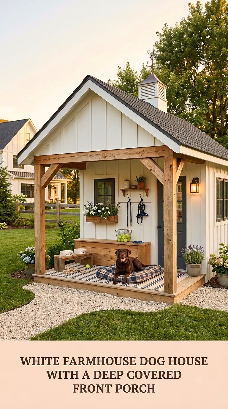 3. White Farmhouse Dog House With a Deep Covered Front Porch