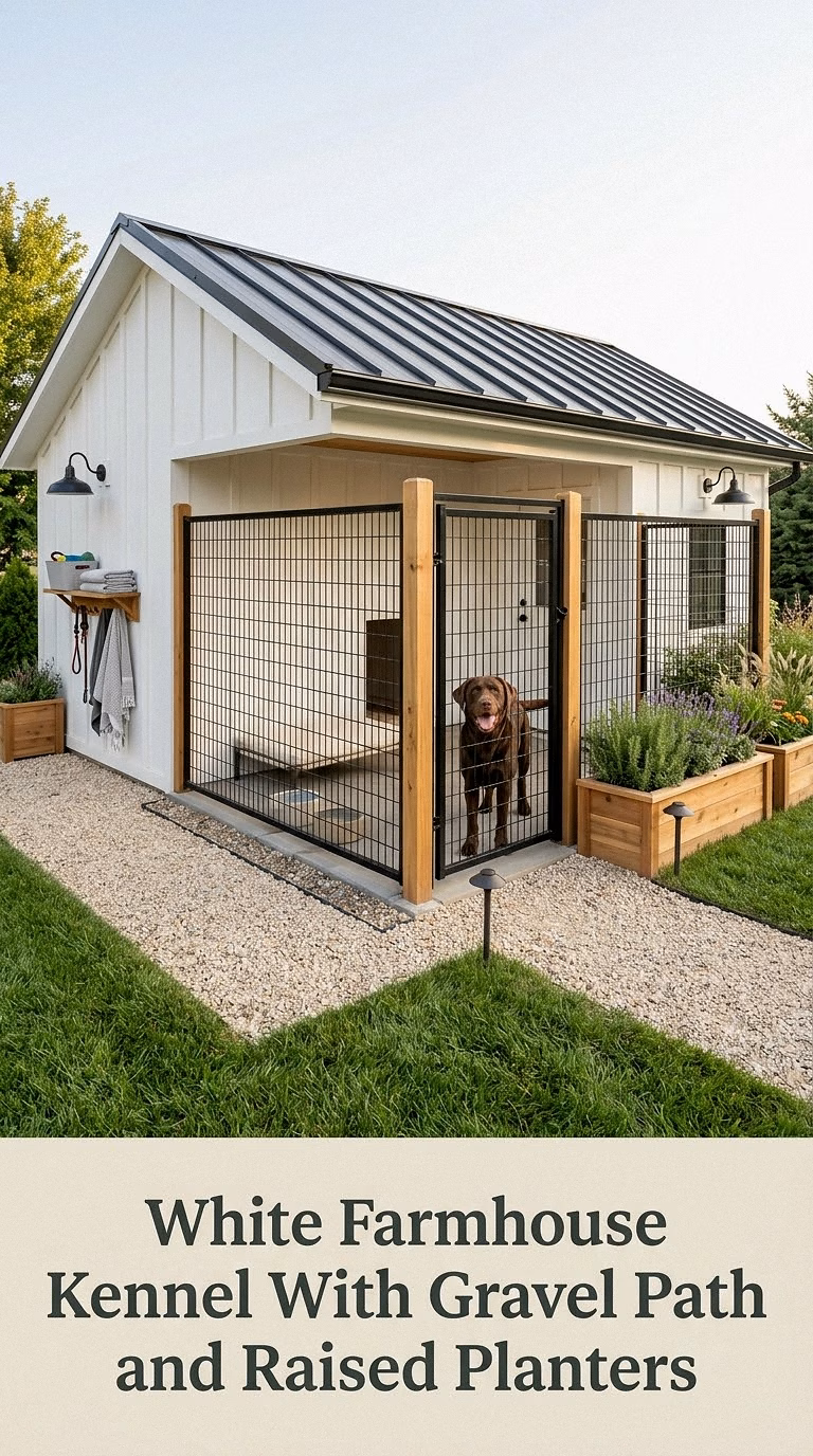 White Farmhouse Kennel With Gravel Path and Raised Planters