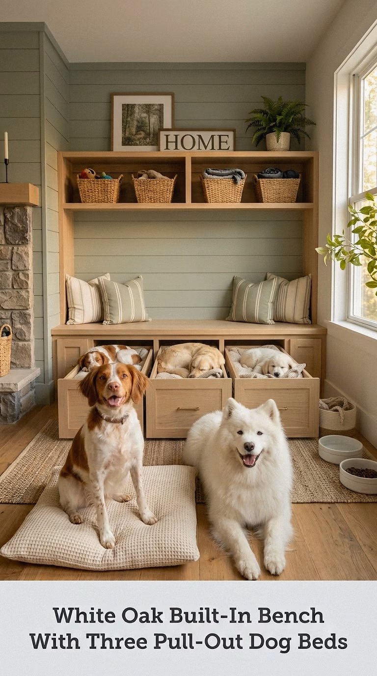 White Oak Built-In Bench With Three Pull-Out Dog Beds