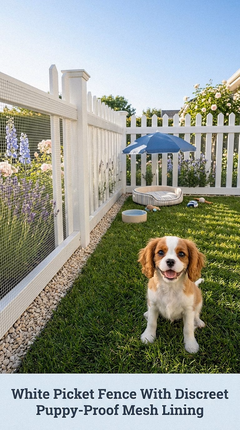 White Picket Fence With Discreet Puppy-Proof Mesh Lining