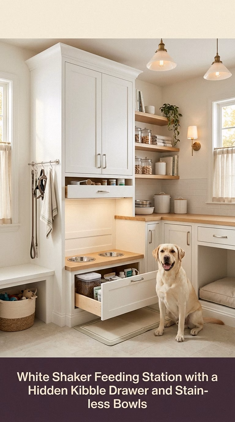 White Shaker Feeding Station with a Hidden Kibble Drawer and Stainless Bowls