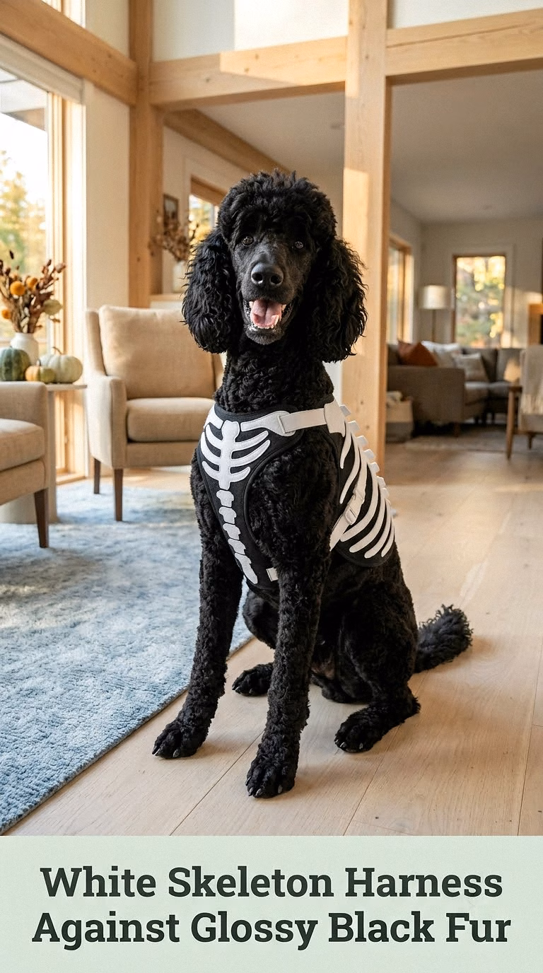 White Skeleton Harness Against Glossy Black Fur