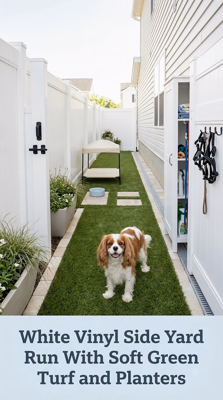 White Vinyl Side Yard Run With Soft Green Turf and Planters
