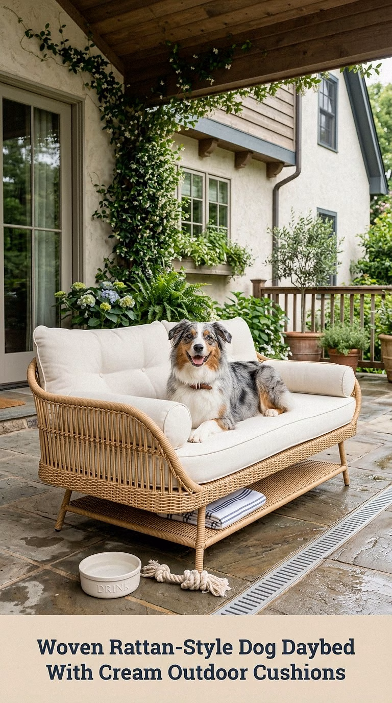 Woven Rattan-Style Dog Daybed With Cream Outdoor Cushions
