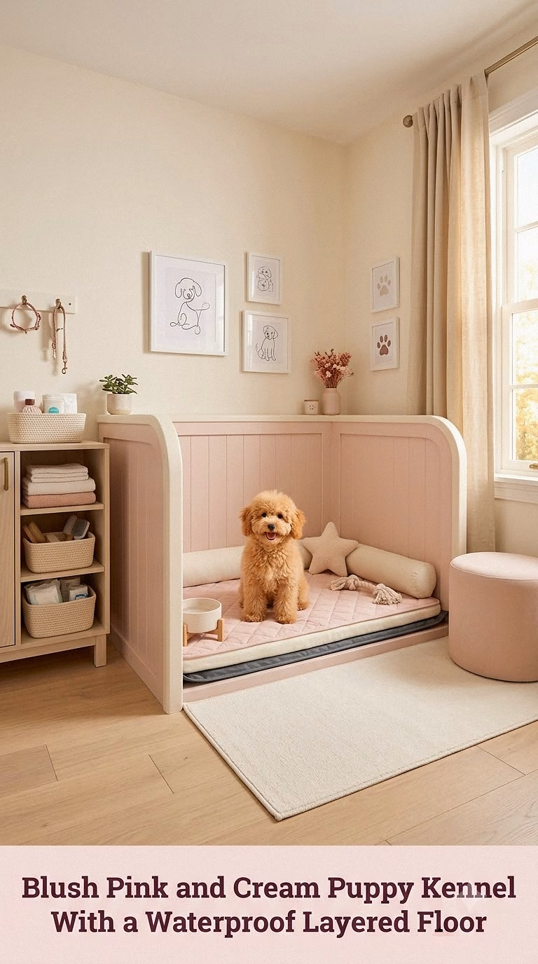 4. Blush Pink and Cream Puppy Kennel With a Waterproof Layered Floor