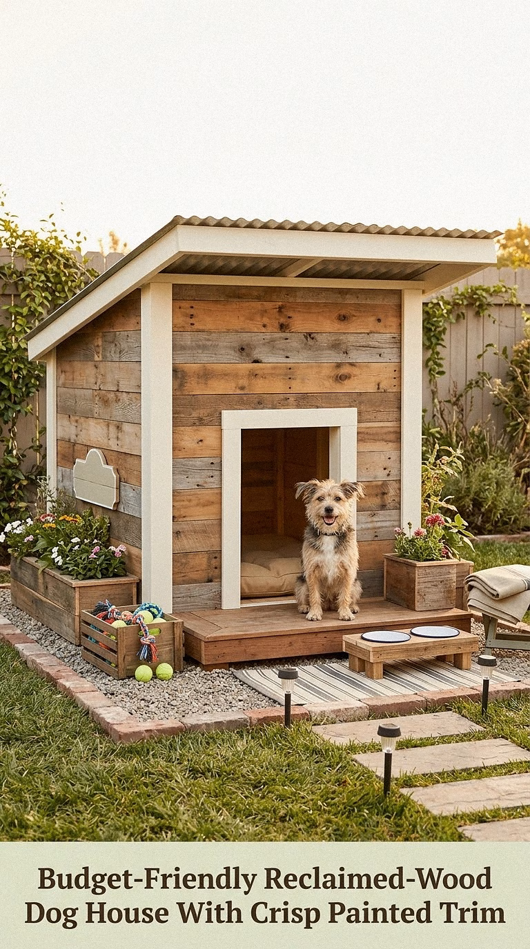 4. Budget-Friendly Reclaimed-Wood Dog House With Crisp Painted Trim