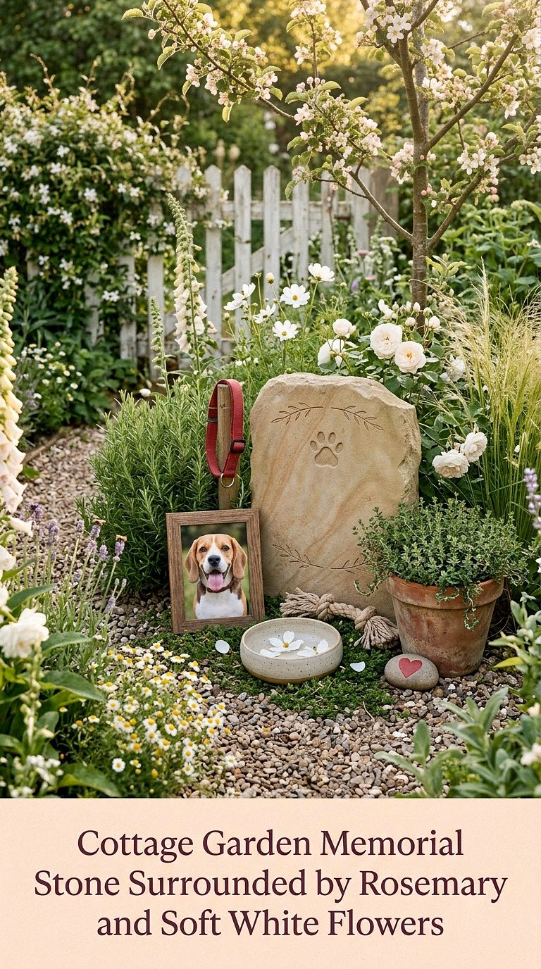 4. Cottage Garden Memorial Stone Surrounded by Rosemary and Soft White Flowers