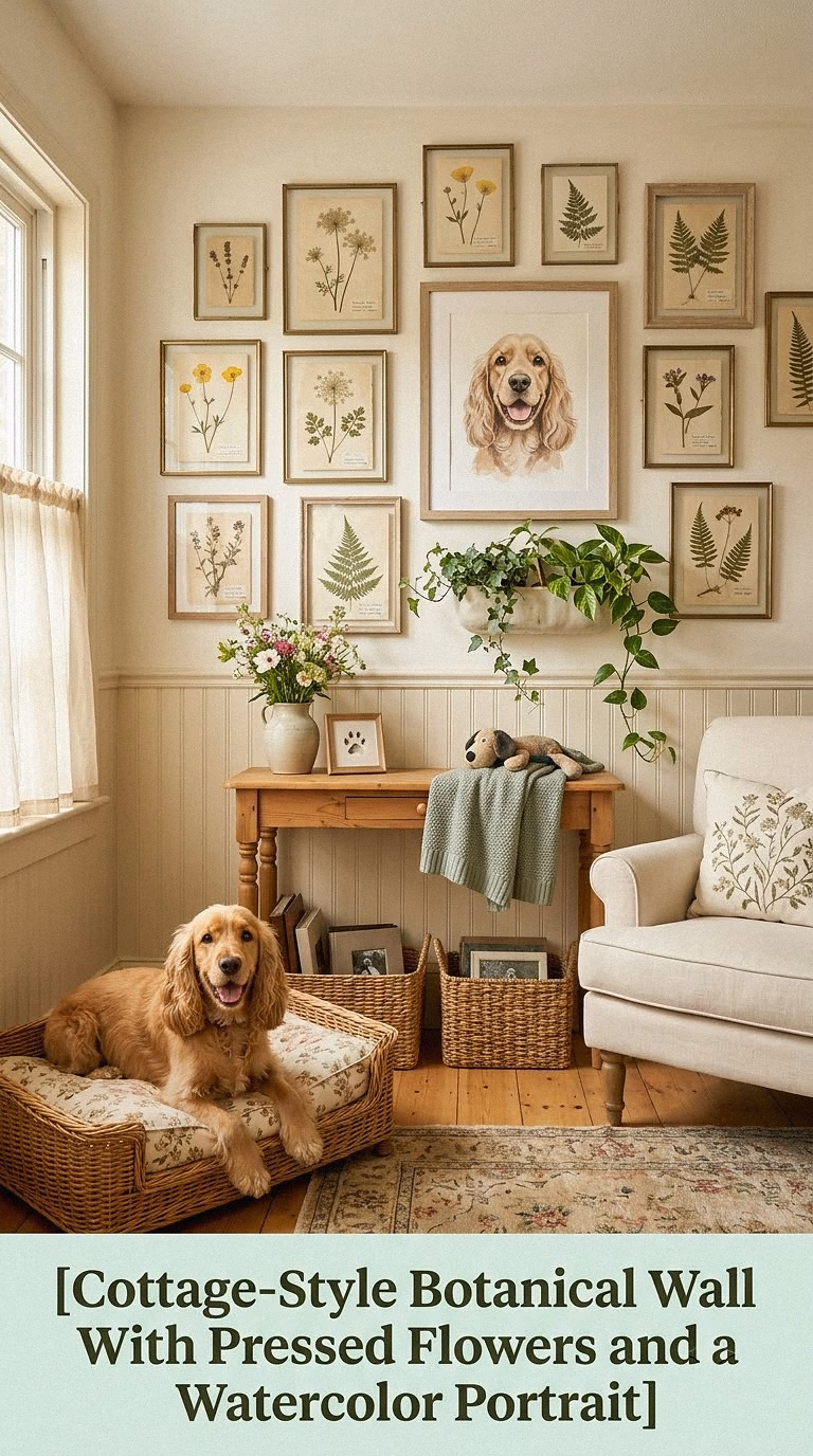 4. Cottage-Style Botanical Wall With Pressed Flowers and a Watercolor Portrait