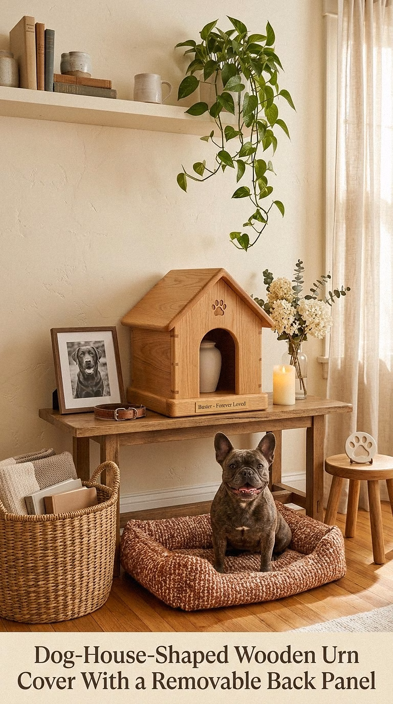 4. Dog-House-Shaped Wooden Urn Cover With a Removable Back Panel