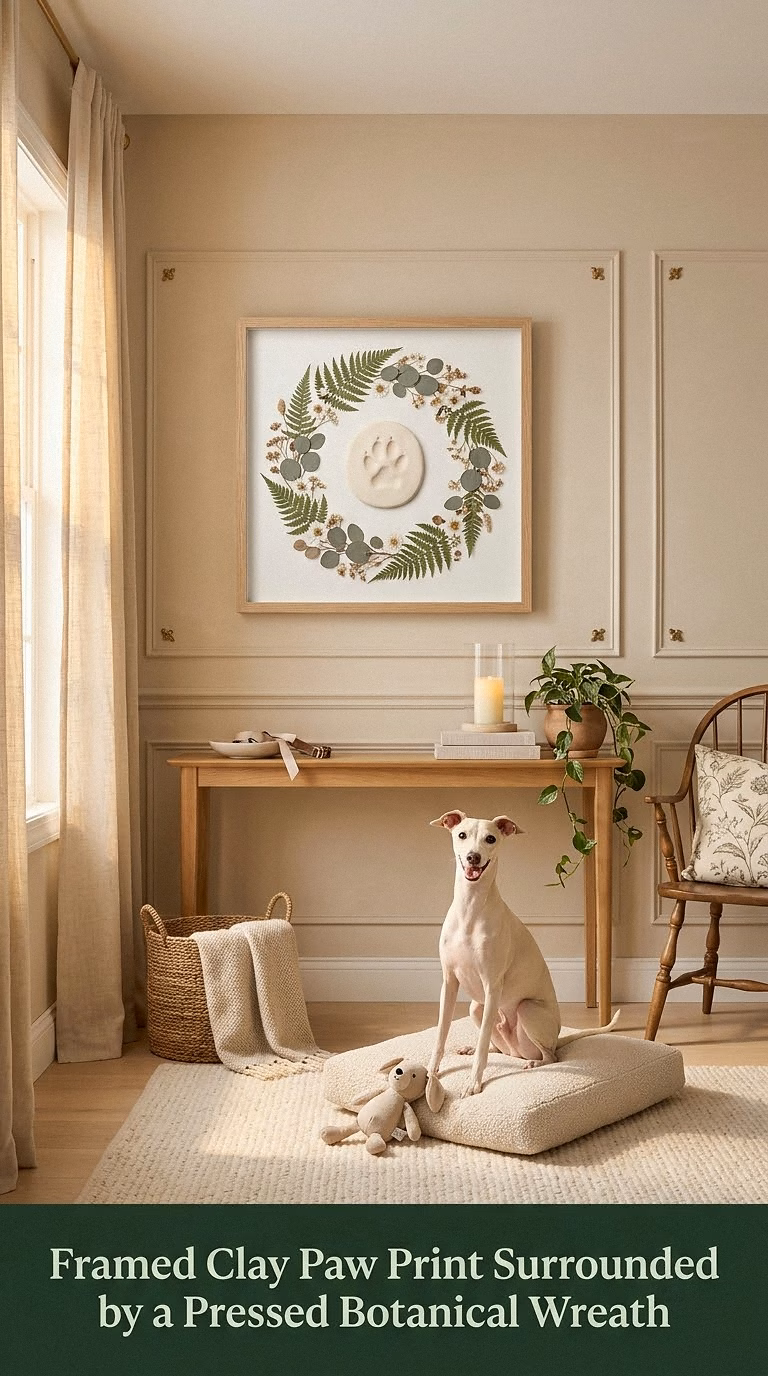 4. Framed Clay Paw Print Surrounded by a Pressed Botanical Wreath