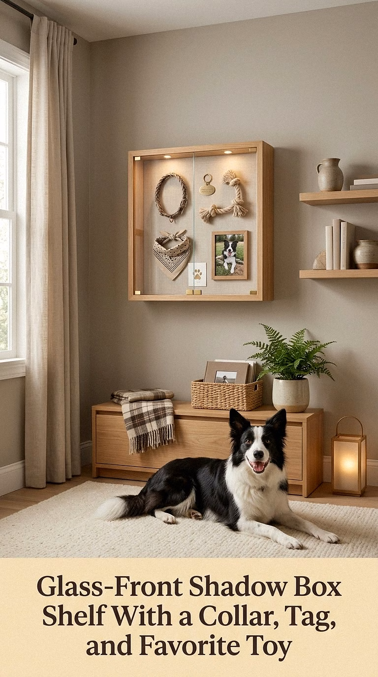 4. Glass-Front Shadow Box Shelf With a Collar, Tag, and Favorite Toy