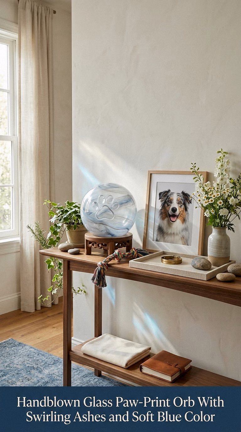 4. Handblown Glass Paw-Print Orb With Swirling Ashes and Soft Blue Color