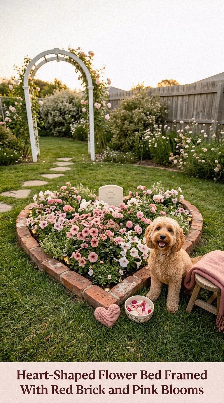 4. Heart-Shaped Flower Bed Framed With Red Brick and Pink Blooms