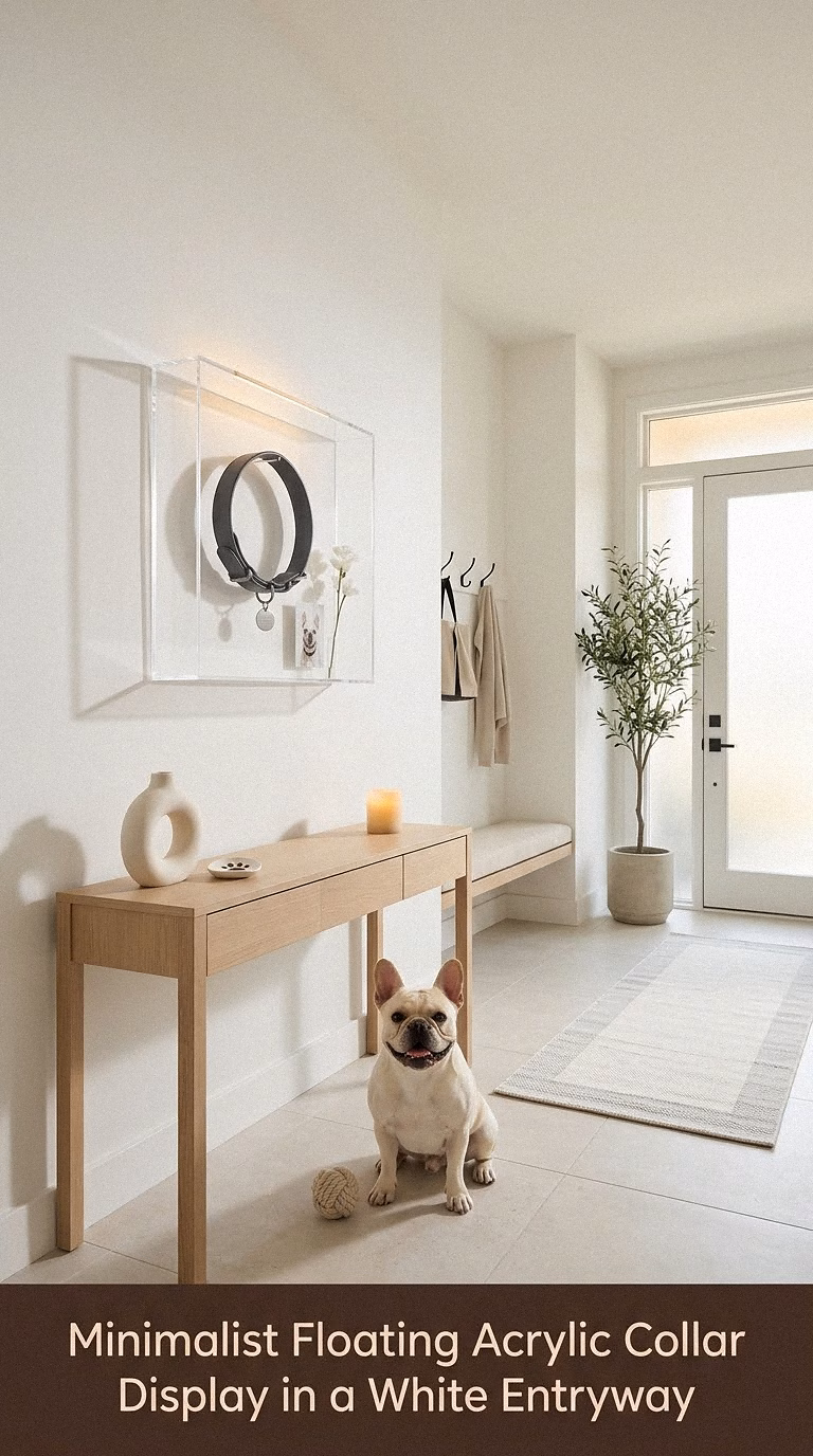 4. Minimalist Floating Acrylic Collar Display in a White Entryway