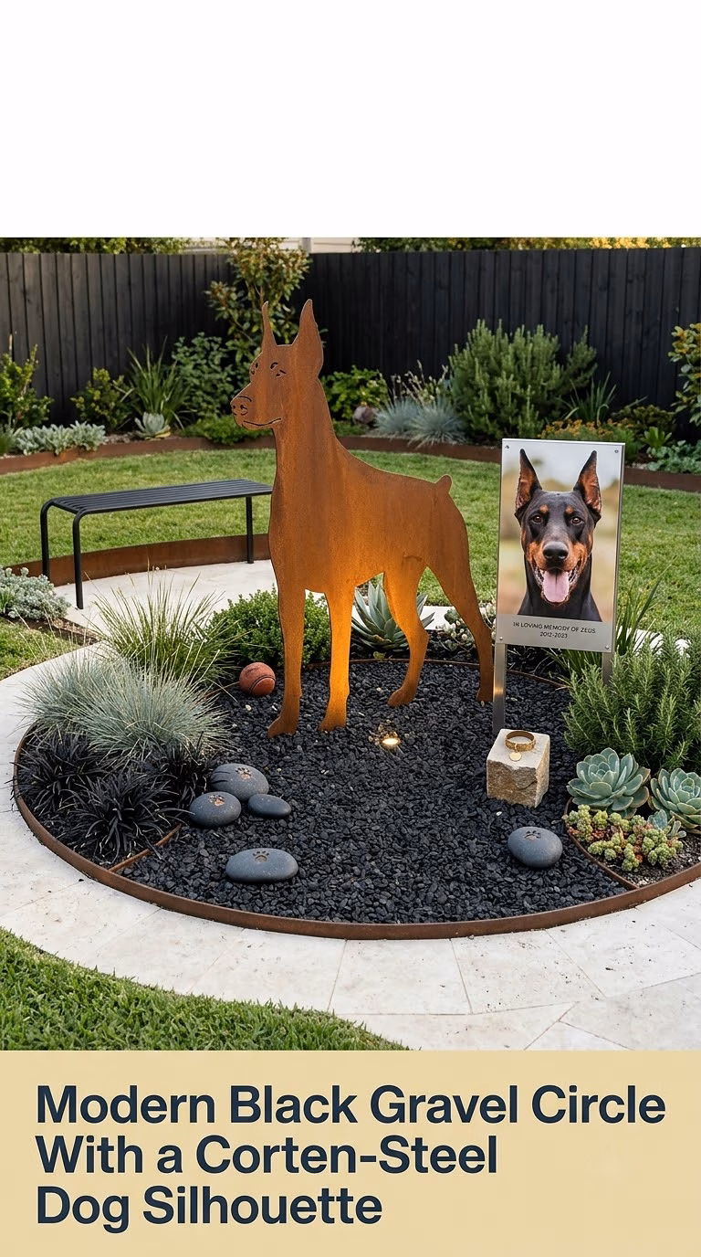 4. Modern Black Gravel Circle With a Corten-Steel Dog Silhouette