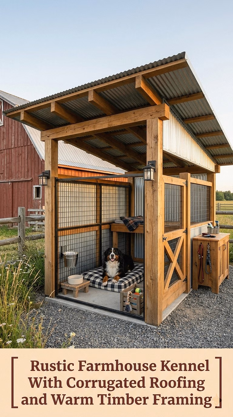 4. Rustic Farmhouse Kennel With Corrugated Roofing and Warm Timber Framing