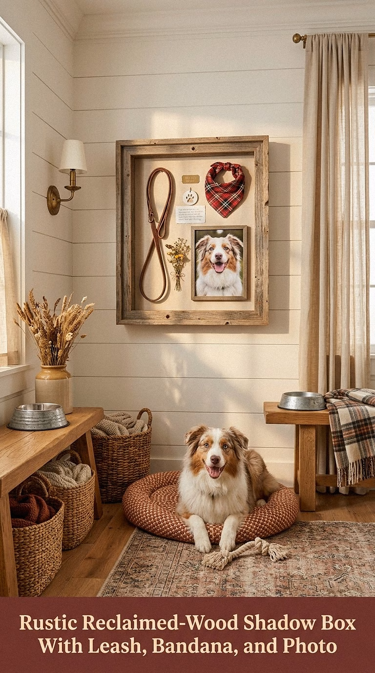 4. Rustic Reclaimed-Wood Shadow Box With Leash, Bandana, and Photo