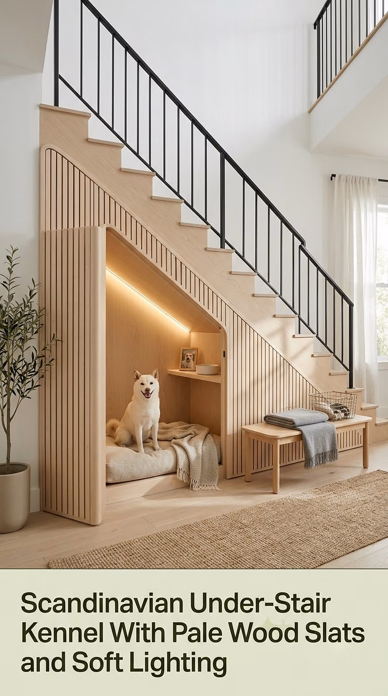 4. Scandinavian Under-Stair Kennel With Pale Wood Slats and Soft Lighting