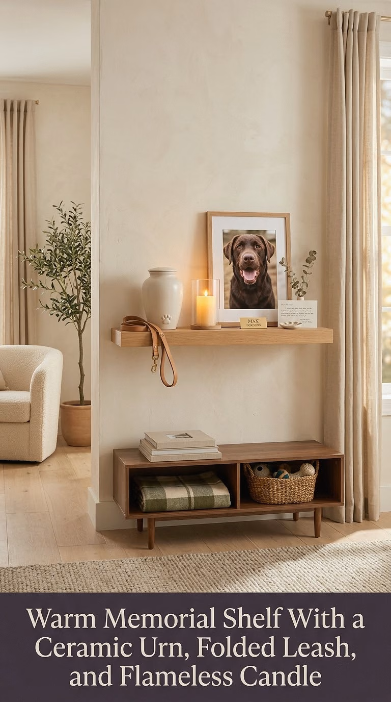 4. Warm Memorial Shelf With a Ceramic Urn, Folded Leash, and Flameless Candle