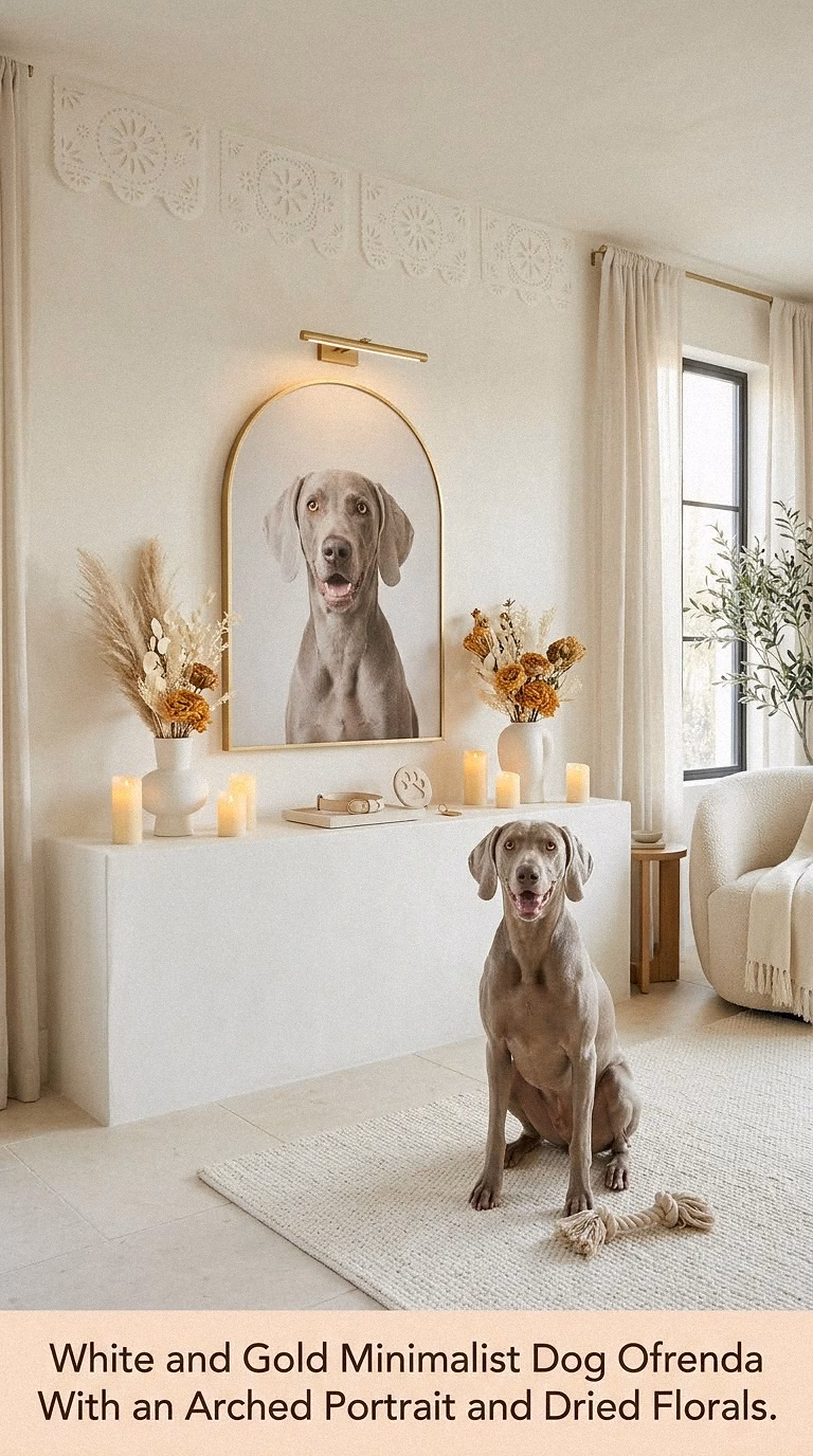 4. White and Gold Minimalist Dog Ofrenda With an Arched Portrait and Dried Florals