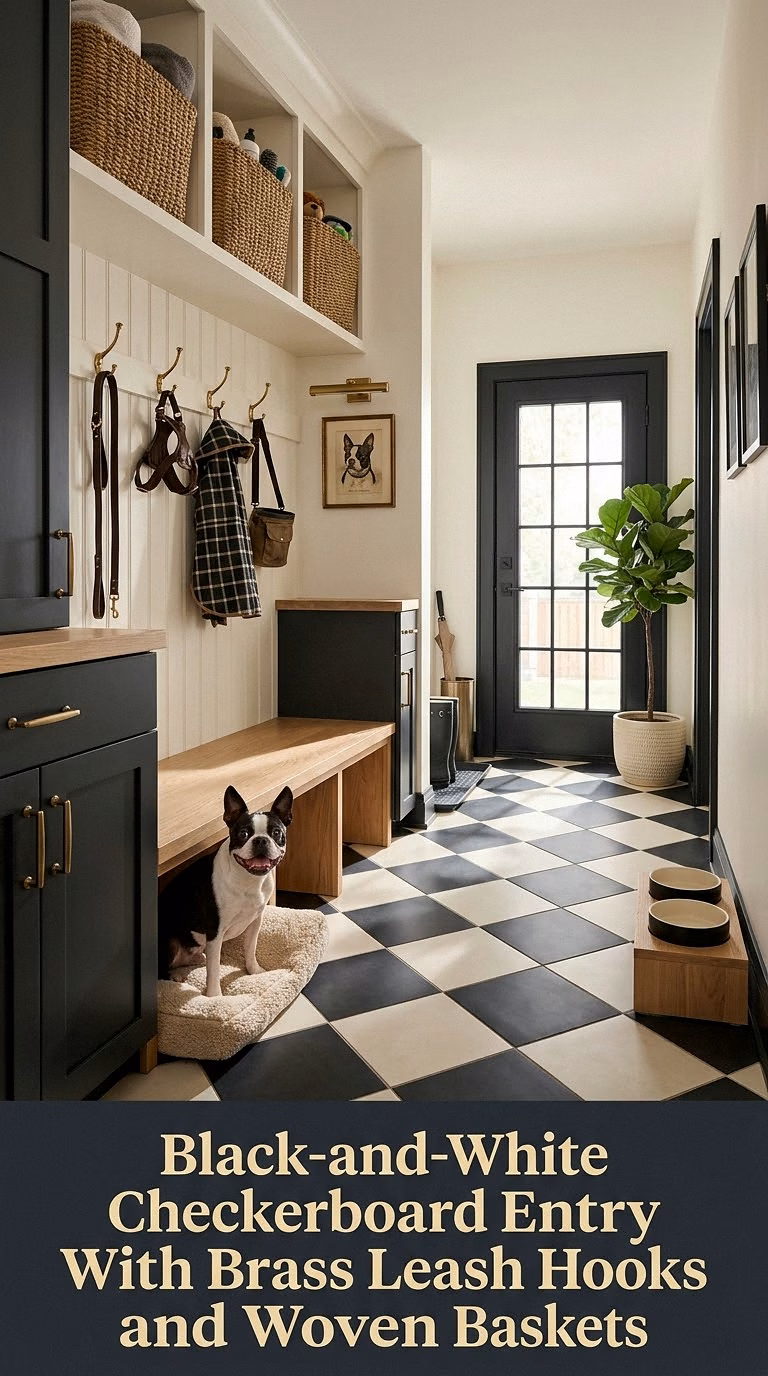 4. Black-and-White Checkerboard Entry With Brass Leash Hooks and Woven Baskets
